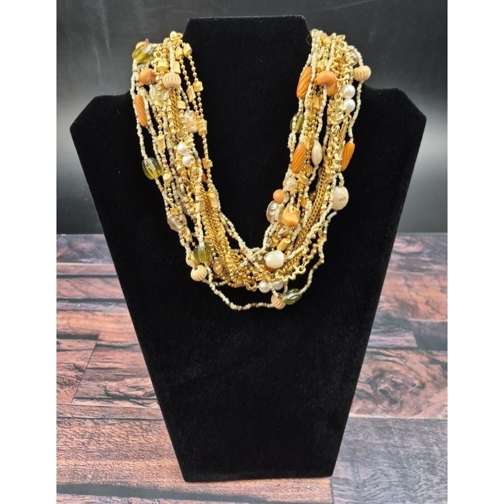 Multi Strand Necklace 16" Gold Tone Faux Pearl Amber Bead Layered Statement